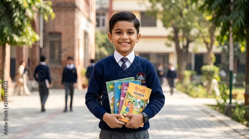 Ultra realistic commercial stock portrait of a cheerful Indian schoolboy wearing a neat traditional school uniform holding several colorful school books close to his chest smiling naturally while look