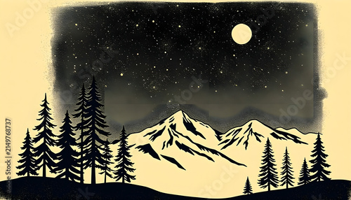 A detailed woodcut engraving of a peaceful mountain valley at night. A stylized full moon sits high in the dark sky, which is filled with a dense cluster of stars. The peaks are defined by elegant lin