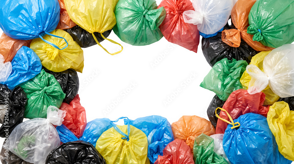 Obraz premium border of full colorful refuse sacks surrounding a blank white center against transparent background ecology recycling concept 