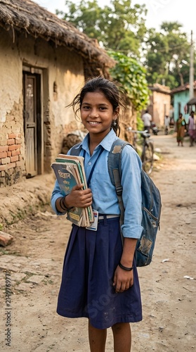 Hyper realistic commercial stock photograph featuring a young Indian rural schoolgirl standing confidently outside her modest home holding used educational books while wearing a simple well maintained