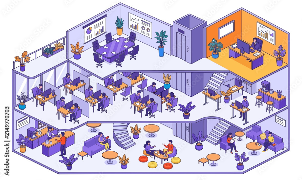 Fototapeta premium Multi-level Corporate Office Building Isometric Vector Illustration