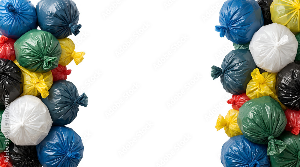 Obraz premium Colorful tied plastic garbage bags forming left and right vertical borders isolated on transparent background ecology recycling concept 