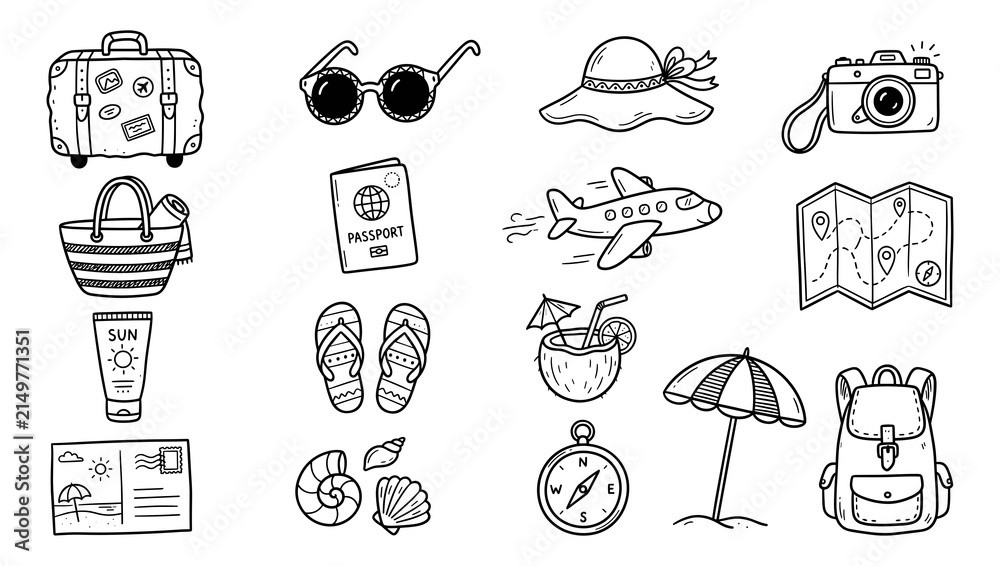 Fototapeta premium Adventure travel doodle collection illustration isolated on white background. Hand drawn about tourism and travel concept.