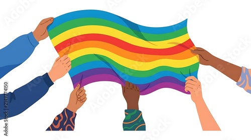 Diverse hands raising a rainbow pride flag aloft