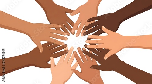 Circle of diverse hands reaching towards the center