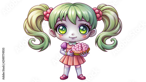 Cute chibi anime girl with green pigtails wearing a pink dress standing on a plain white background