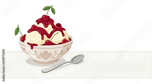 Bowl of vanilla ice cream topped with cherry sauce and fruit
