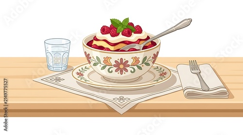 Raspberry trifle dessert in a floral ceramic bowl on a table