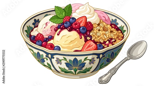 Gourmet ice cream bowl with mixed berries and granola topping