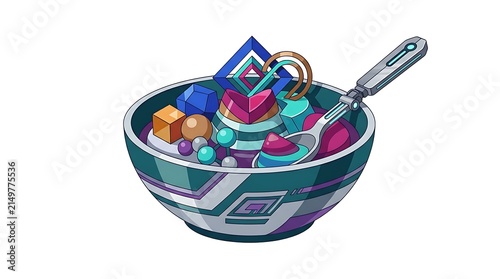 Futuristic geometric dessert in a digital tech bowl