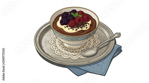 Chocolate mousse with fresh berries and cream on silver tray