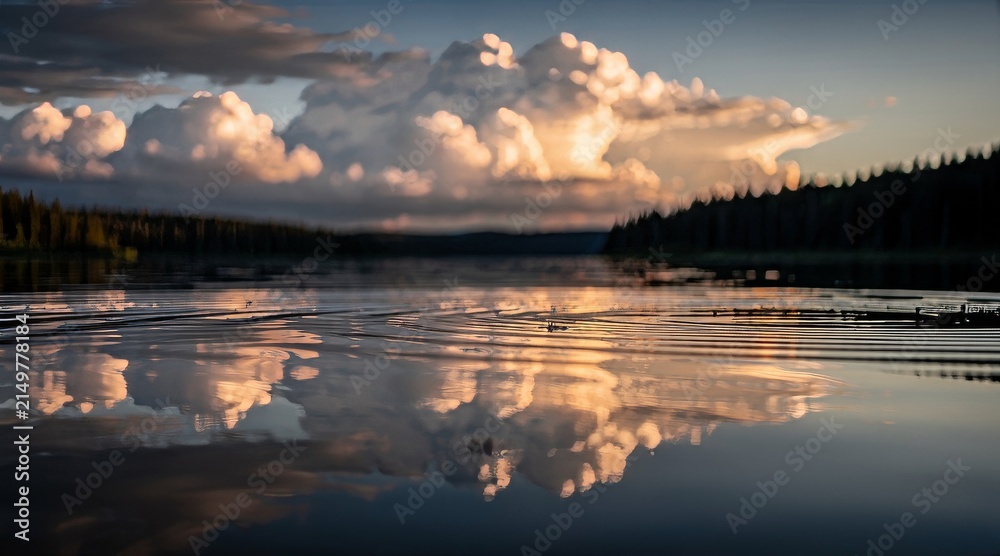 Fototapeta premium Serene lake reflections of vibrant sunset clouds and distant forest