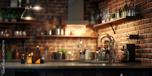 Rustic Kitchen Interior with Brick Wall, Open Shelving, and Natural Sunlight