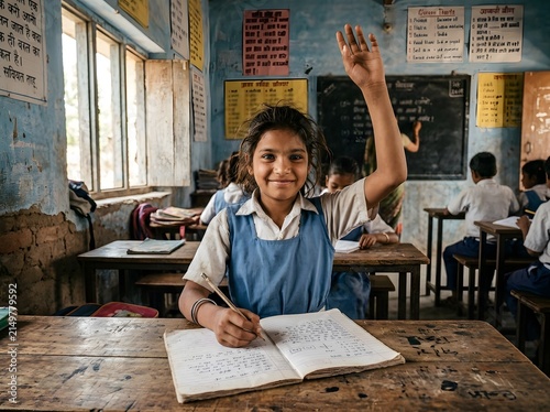 Photorealistic lifestyle documentary photograph of a happy Indian rural schoolgirl actively participating in class wearing a simple faded blue school pinafore with white shirt sitting at a weathered w
