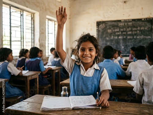Photorealistic lifestyle documentary photograph of a happy Indian rural schoolgirl actively participating in class wearing a simple faded blue school pinafore with white shirt sitting at a weathered w