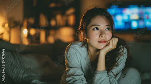 Thoughtful young woman relaxing at home in cozy atmosphere with soft lighting and television in background