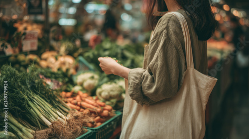 Woman exploring a lively market brimming with fresh fruits and colorful vegetables for her grocery shopping