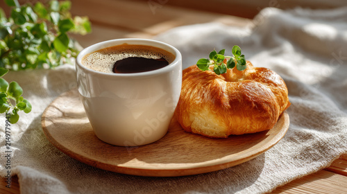 A warm cup of coffee alongside a buttery croissant on a rustic wooden plate illuminated by soft natural light