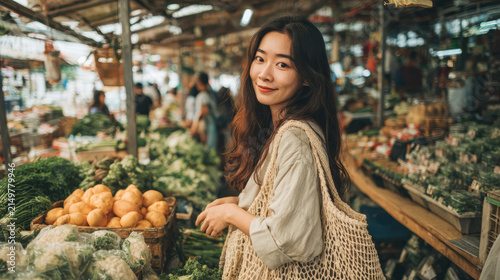 Cheerful woman enjoying her time at a community market filled with vibrant fresh produce and colorful fruits