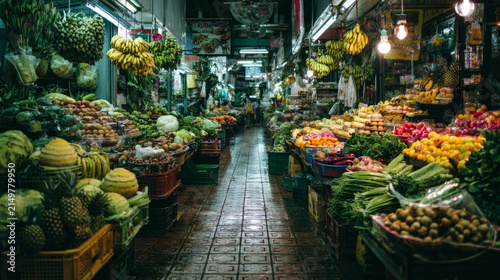 Lively marketplace brimming with colorful fresh produce in a busy asian market setting