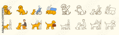 set of cute guide dogs helping people with disabilities