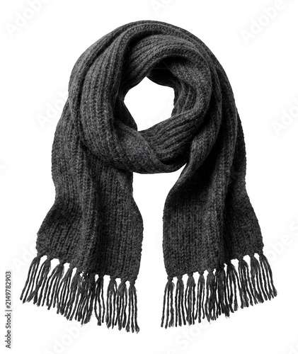 Obraz na plátně Textured dark grey knitted wool scarf with fringe tassel tied for winter isolate