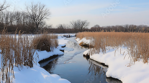 Winter landscape with frozen river and snow covered banks surrounded by peaceful seasonal scenery.