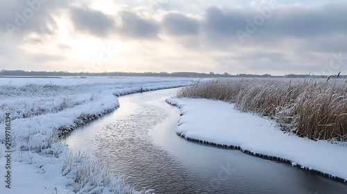 Winter landscape with frozen river and snow covered reeds under a soft overcast sky.