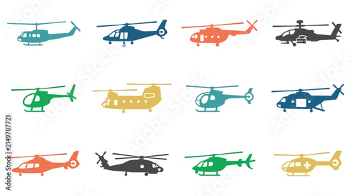 Set of colorful helicopter icons and illustrations in various styles.