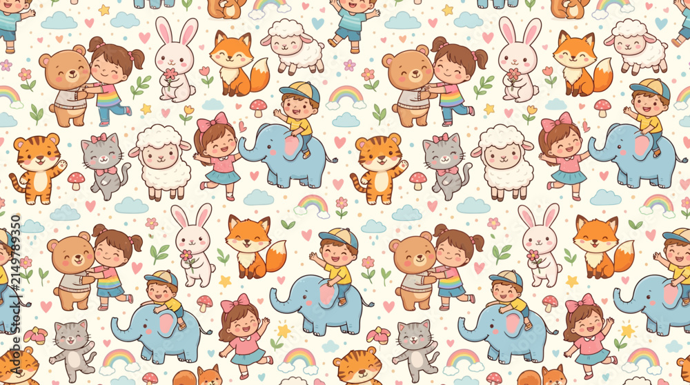 Fototapeta premium Adorable kids riding and hugging zoo animals pattern