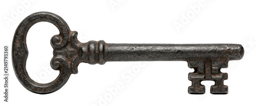 Vintage dark iron skeleton key with intricate ornate bow and rustic textured isolated transparent background image