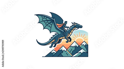 A stylized illustration of a person riding a majestic blue dragon flying over snow-capped mountains with a vibrant sunrise in the background.