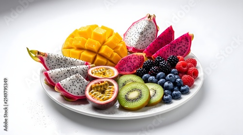 Assorted Fresh Tropical Sliced Fruits and Berries on White Plate