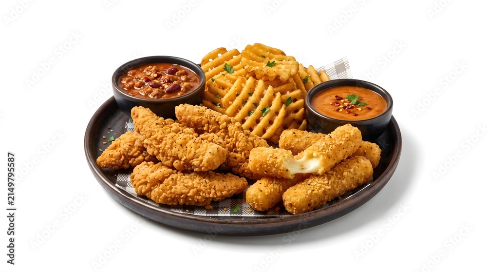 Fototapeta premium Crispy Chicken Tenders Platter with Mozzarella Sticks, Waffle Fries, Chili, and Dipping Sauce
