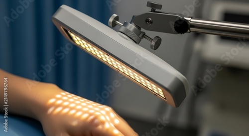 A medical professional utilizes a specialized light therapy device to provide targeted dermatological care for a patient resting their hand during a session within a professional clinic