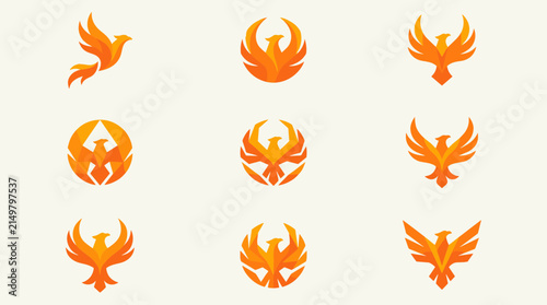 Geometric phoenix icon set in flat design, abstract bird logos for branding and design elements