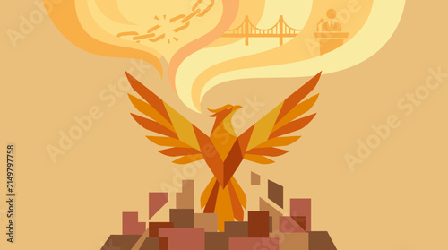 Stylized phoenix rising from abstract city buildings, with broken chains and bridge symbols above