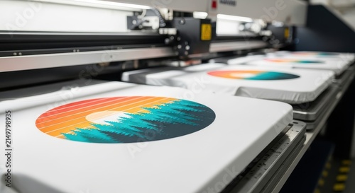 Industrial Direct to Garment DTG Printer Printing Colorful Sunset Forest Design on White T-Shirts in a Professional Workshop