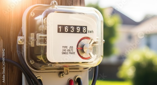 Outdoor Residential Electric Meter Measuring Energy Consumption in Kilowatt Hours on a Sunny Day