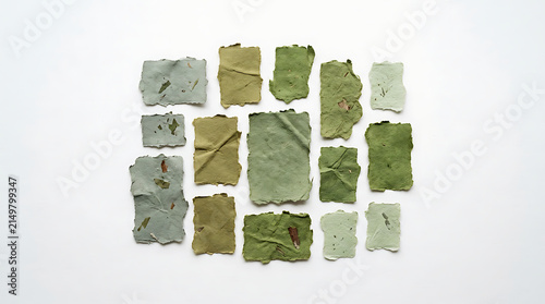 Set of green textured paper scraps in rectangular shapes