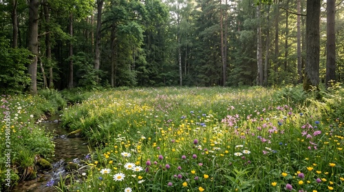 Wildflower meadow blooms along the edge of a quiet forest stream under the soft light of a summer day.