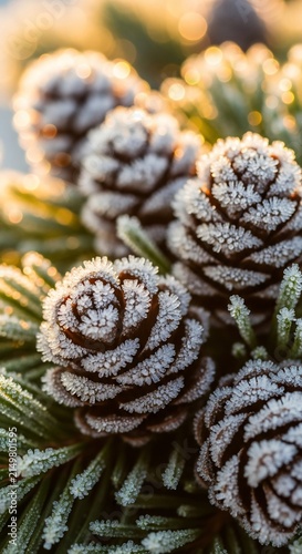 Beautiful Frost Covered Pine Cones in Morning Sunlight.