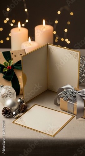 Blank Christmas greeting card with candles and gifts.