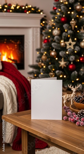 Blank white greeting card mockup on wooden table with Christmas tree background.