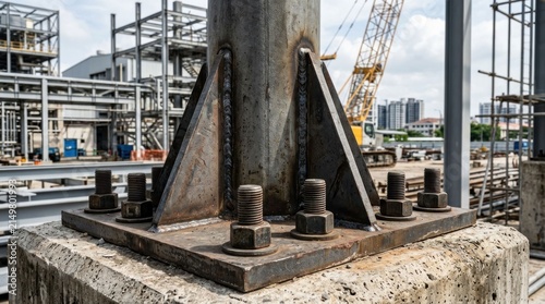 Close-up of a large steel column base bolted to a concrete foundation at a construction site.