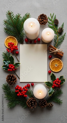 Christmas festive background with empty card and candles.