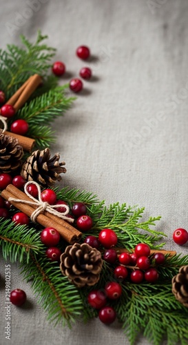 Christmas festive decoration with pine branches cinnamon and cranberries.