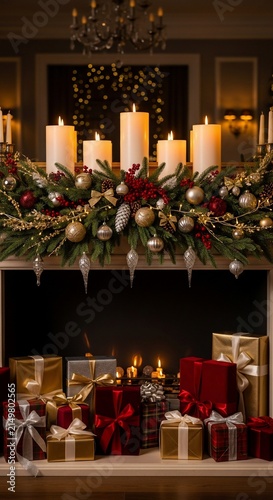 Christmas fireplace mantle with candles and gifts.