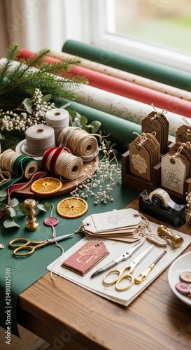 Christmas Gift Wrapping Preparation Station with Decorations.