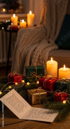Cozy Christmas atmosphere with candles and wrapped gifts.